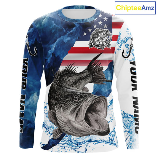Blue Camo Bass Fishing American Flag Fishing Shirt, Bass Fishing Shirts Long Sleeve NBT458