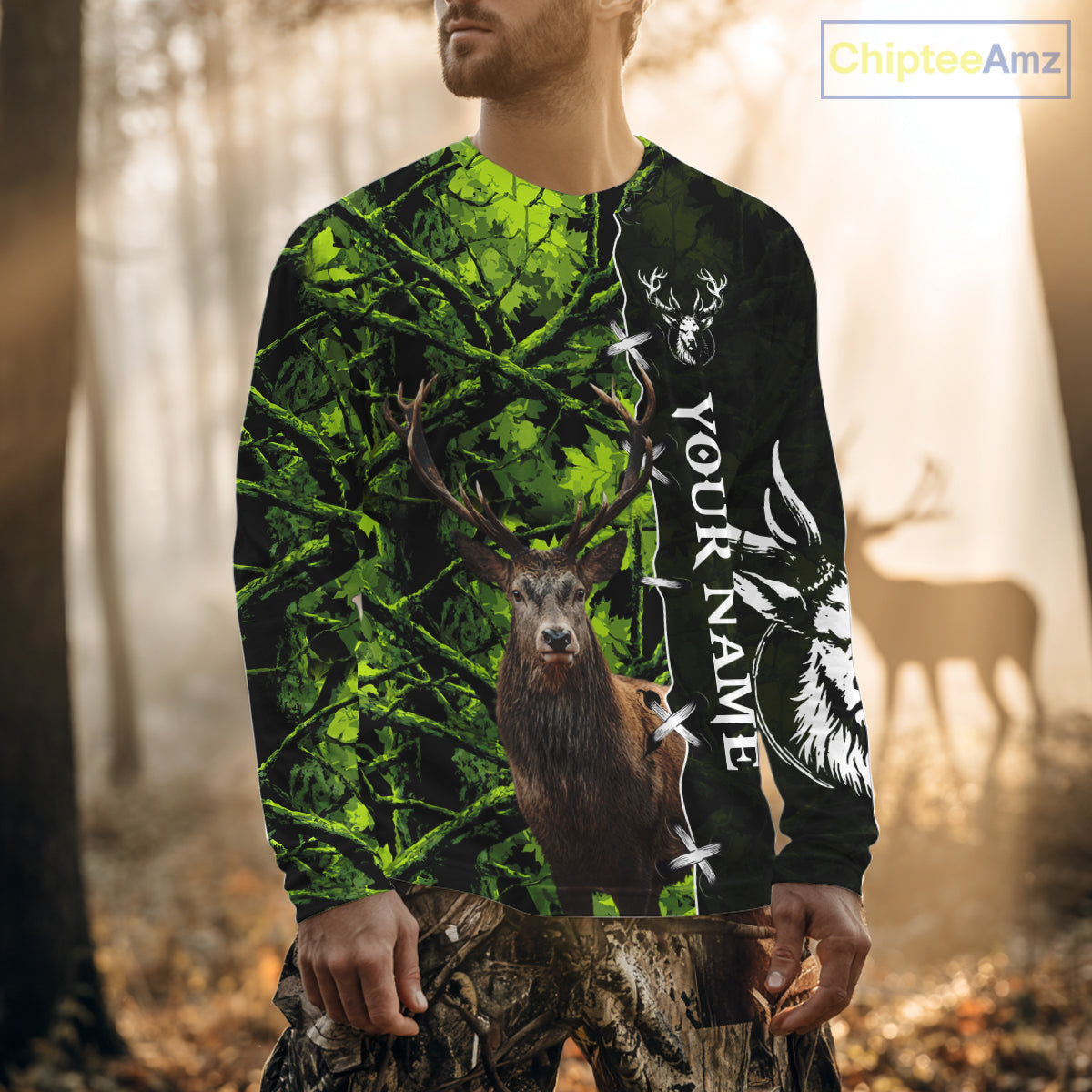 Green Camo Deer Hunting Hoodie, Longsleeve Shirt for Deer Season, Hunting Gifts for Men NBT10