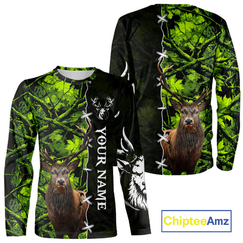 Green Camo Deer Hunting Hoodie, Longsleeve Shirt for Deer Season, Hunting Gifts for Men NBT10