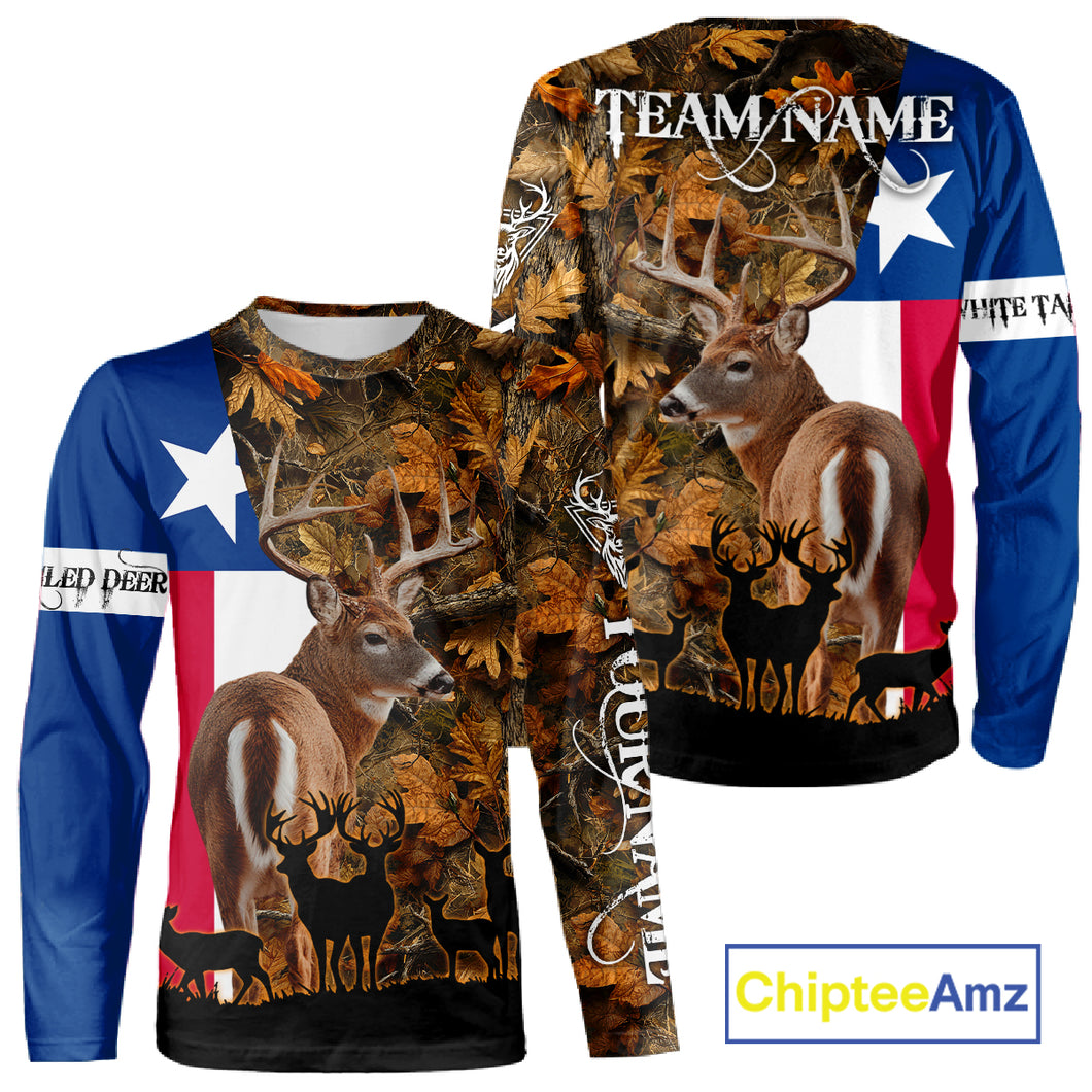 Texas Flag Fall Camo Whitetail Deer Hunting Hoodie, Longsleeve Shirt - Personalized Name Option NBT12