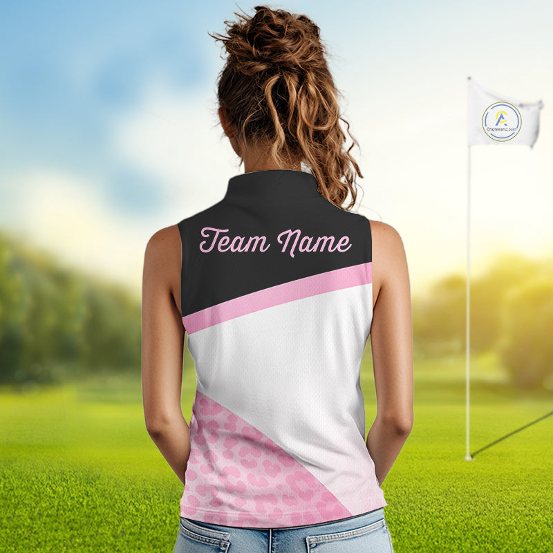 Leopard Womens Sleeveless Golf Polo Shirt Custom Pink Leopard Pattern Team Golf Tops, Golf Gifts NBT588