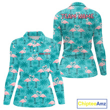 Load image into Gallery viewer, Womens Golf Polo Shirt Pink Flamingo Tropical Leaves Pattern Custom Team Flamingo Golf Polo Shirts NBT592