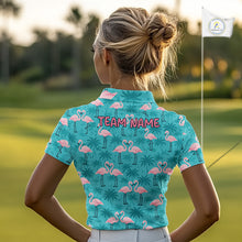 Load image into Gallery viewer, Womens Golf Polo Shirt Pink Flamingo Tropical Leaves Pattern Custom Team Flamingo Golf Polo Shirts NBT592