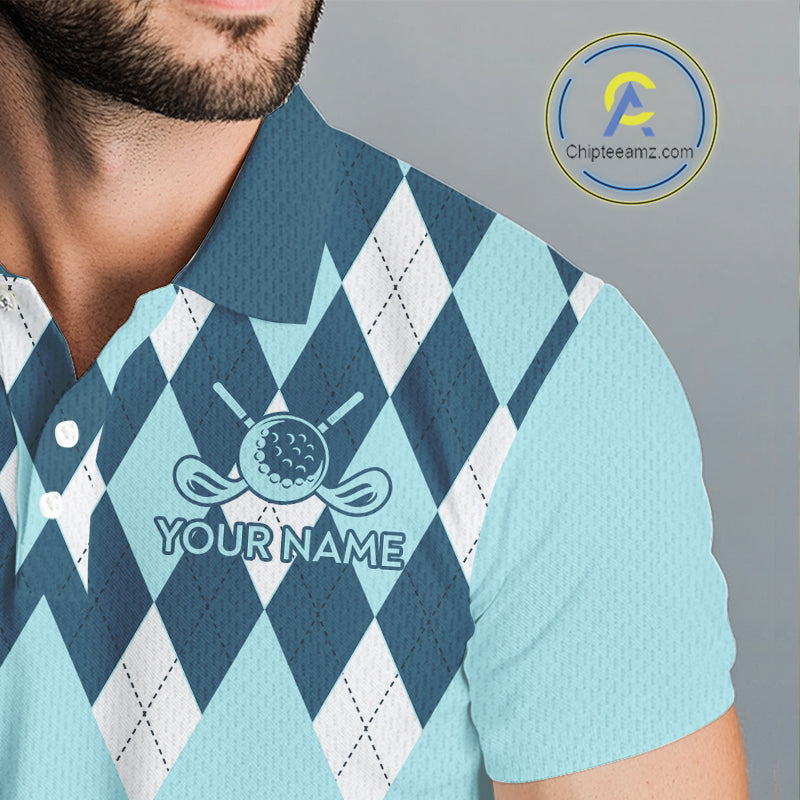 Blue Argyle Plaid Pattern Mens Golf Polo Shirt Custom Golf Polo Shirt For Men, Golfing Gifts NBT593