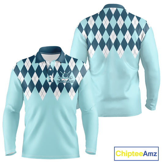 Blue Argyle Plaid Pattern Mens Golf Polo Shirt Custom Golf Polo Shirt For Men, Golfing Gifts NBT593
