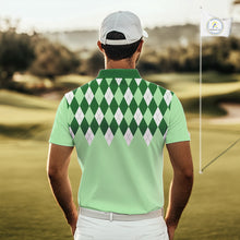 Load image into Gallery viewer, Green Argyle Plaid Pattern Mens Golf Polo Shirt Custom Golf Polo Shirt For Men, Golfing Gifts NBT594