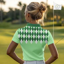 Load image into Gallery viewer, Green Argyle Plaid Pattern Womens Golf Polo Shirt Custom Golf Polo Shirt For Ladies, Golfing Gifts NBT594