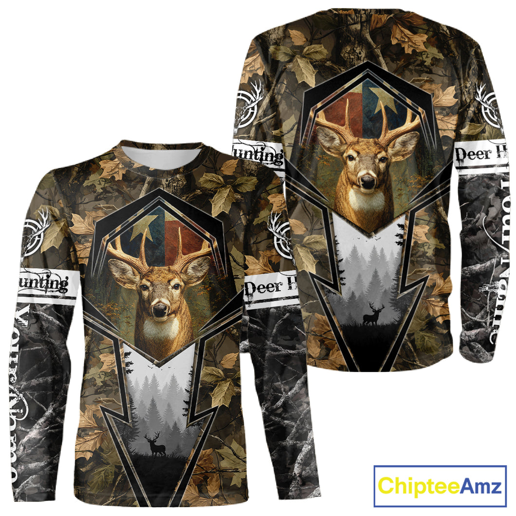Deer Hunting Camouflage TX Flag Custom Name All Over Print Shirts, Personalized Hunting Clothes NBT110