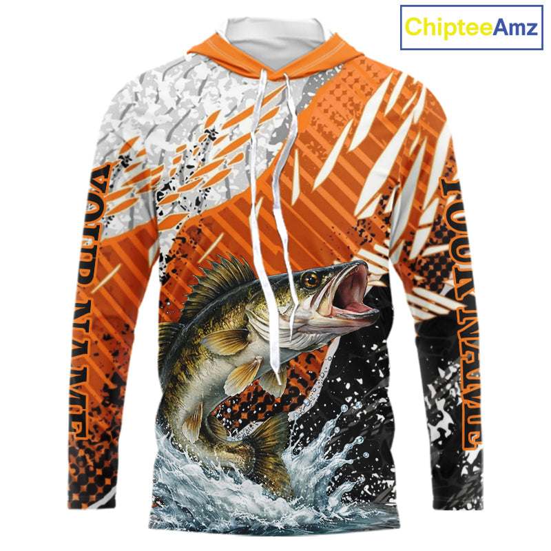 Walleye Fishing Shirt Long Sleeve Hooded Orange Camo, Persionalized Walleye Fishing Jerseys NBT406