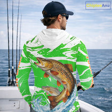 Load image into Gallery viewer, Big Brown Trout Fishing Shirt Long Sleeve Hooded Green Camo Custom Name, Tournament Fishing Jerseys NBT411