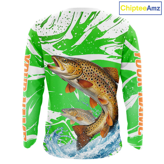 Big Brown Trout Fishing Shirts Long Sleeve Green Camo Custom Name, Tournament Fishing Jerseys NBT411