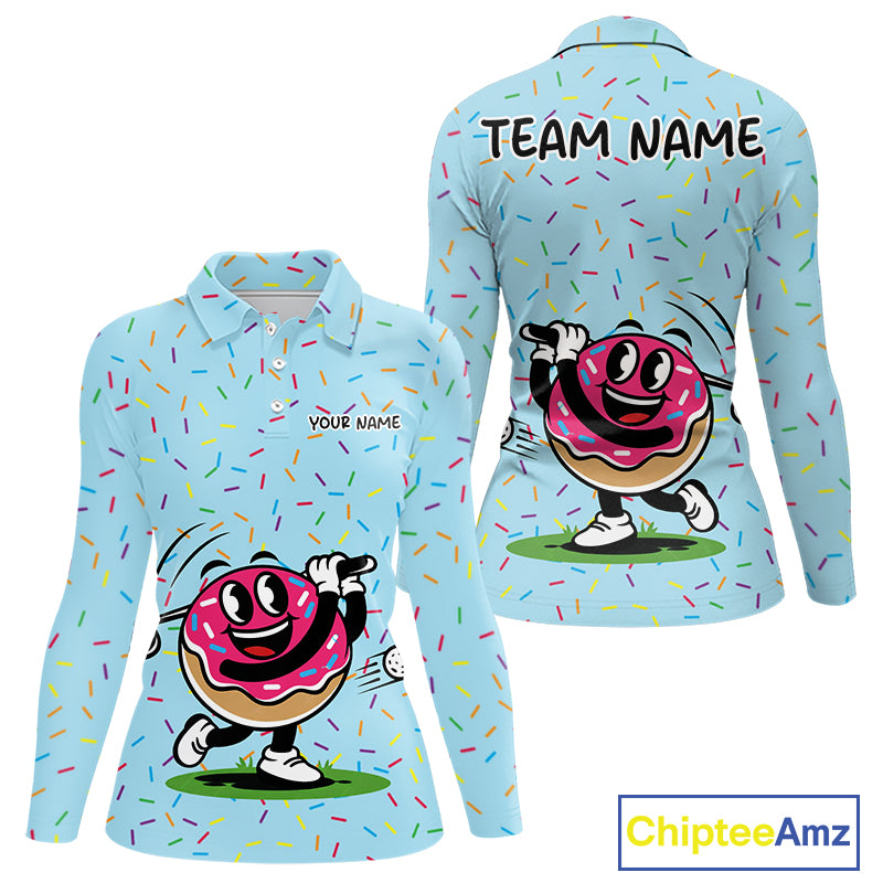 Funny Pink Donut Golf Polo Shirts For Womens, Golf Polo Shirts Custom Donut Pattern, Funny Golf Shirts NBT607
