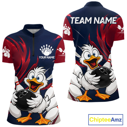 Custom Funny Red Blue Duck Womens Bowling Jersey Polo & 1/4 Quarter Zip, Duck Bowling Team Shirts NBT980