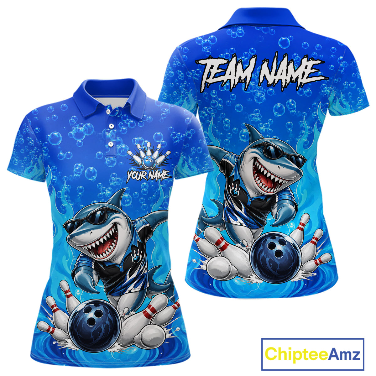 Custom Funny Blue Shark Bowling Polo Shirts For Women, Shark Bowling Team Shirt NBT981
