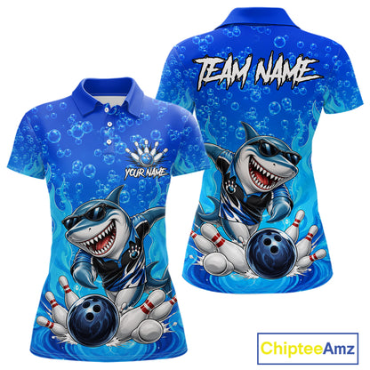 Custom Funny Blue Shark Bowling Polo Shirts For Women, Shark Bowling Team Shirt NBT981