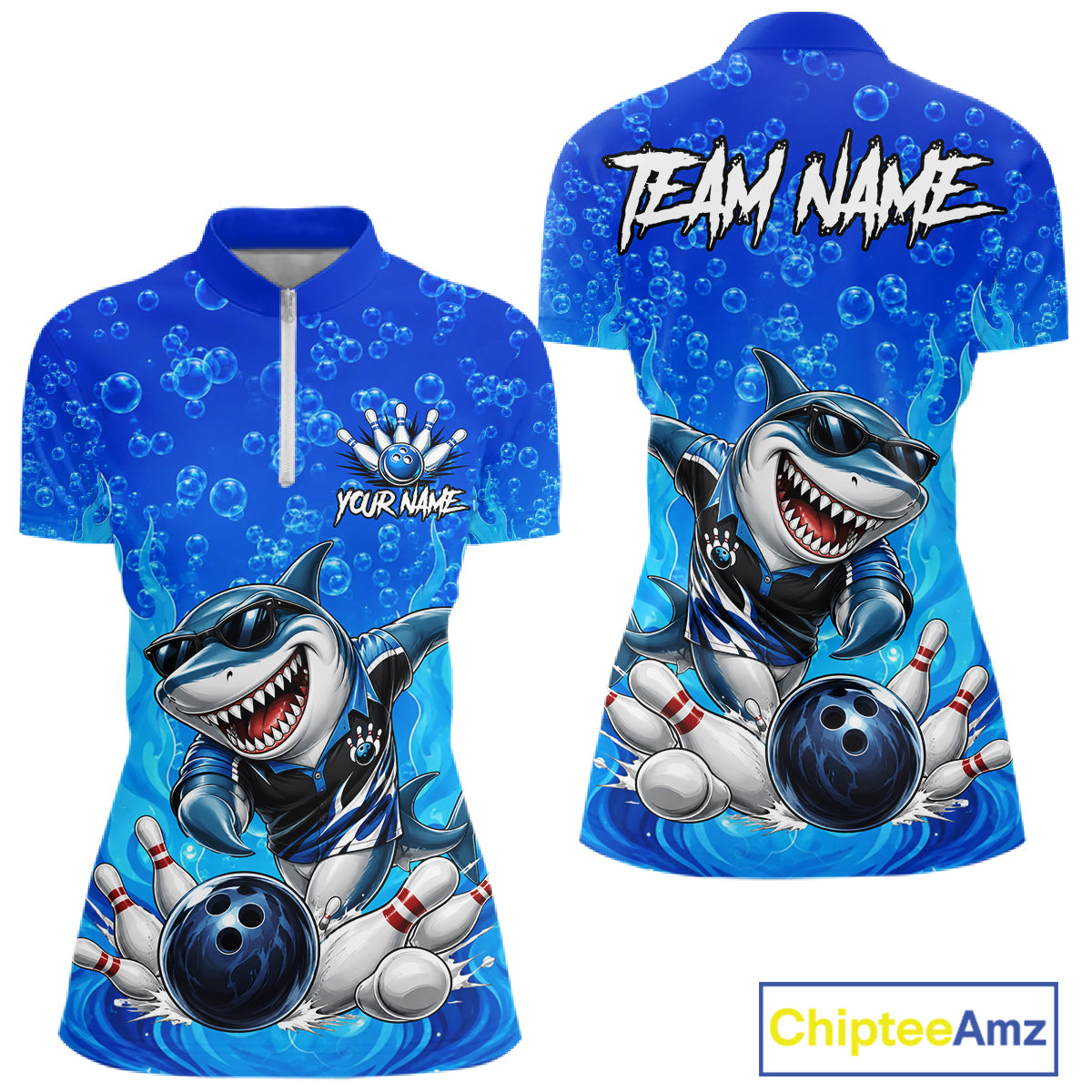 Custom Funny Blue Shark Bowling Polo Shirts For Women, Shark Bowling Team Shirt NBT981