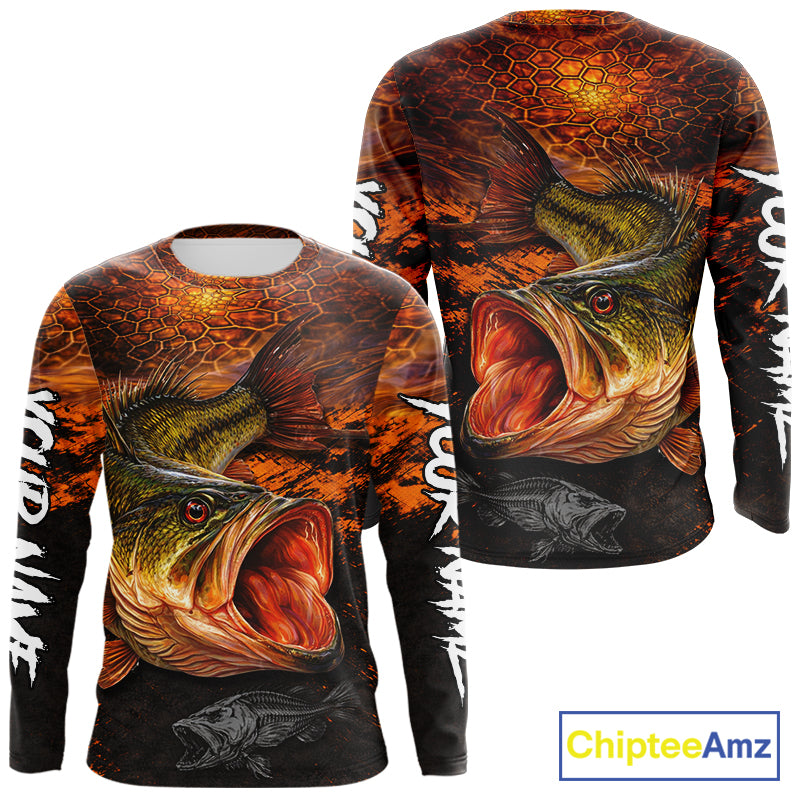 Personalized Big Bass Fishing Jerseys Orange Camo, Bass Fishing Shirts Long Sleeve NBT416