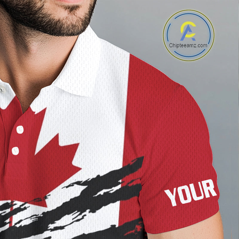 Close-up fabric of Canada Flag Patriotic Golf Polo Shirt with custom name on the sleeve