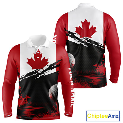 Canada Flag Patriotic Mens Golf Polo Shirt front and back view - red white Canada flag design, breathable polyester fabric, long sleeve Polo tailored fit, custom name shirt