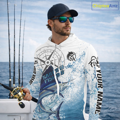 Custom Sailfish Long Sleeve Hooded Fishing Shirts Saltwater Fish, Compass Offshore Tournament Fishing Shirts NBT375