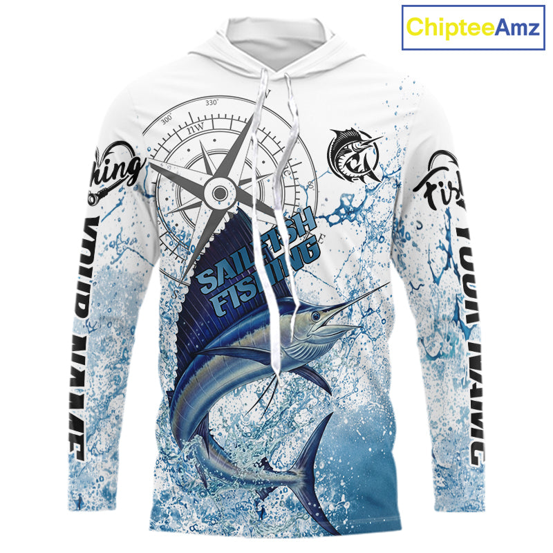 Custom Sailfish Long Sleeve Hooded Fishing Shirts Saltwater Fish, Compass Offshore Tournament Fishing Shirts NBT375