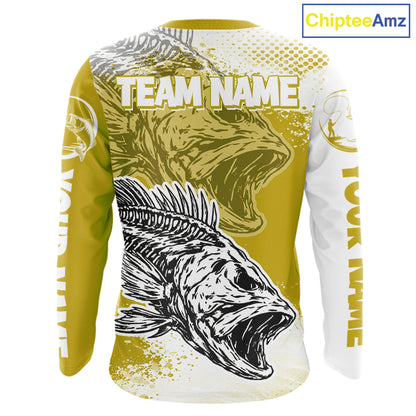 Yellow Camo Bass Fishing Jerseys For Fishing Team, Bass Skeleton Fishing Shirts Long Sleeve NBT419