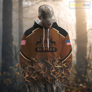 Brown Camo Deer Hunting Shirts with American Flag for Men, Hunting Gift Ideas for Hunters NBT223