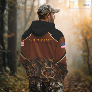 Brown Camo Deer Hunting Shirts with American Flag for Men, Hunting Gift Ideas for Hunters NBT223