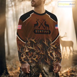 Brown Camo Deer Hunting Shirts with American Flag for Men, Hunting Gift Ideas for Hunters NBT223