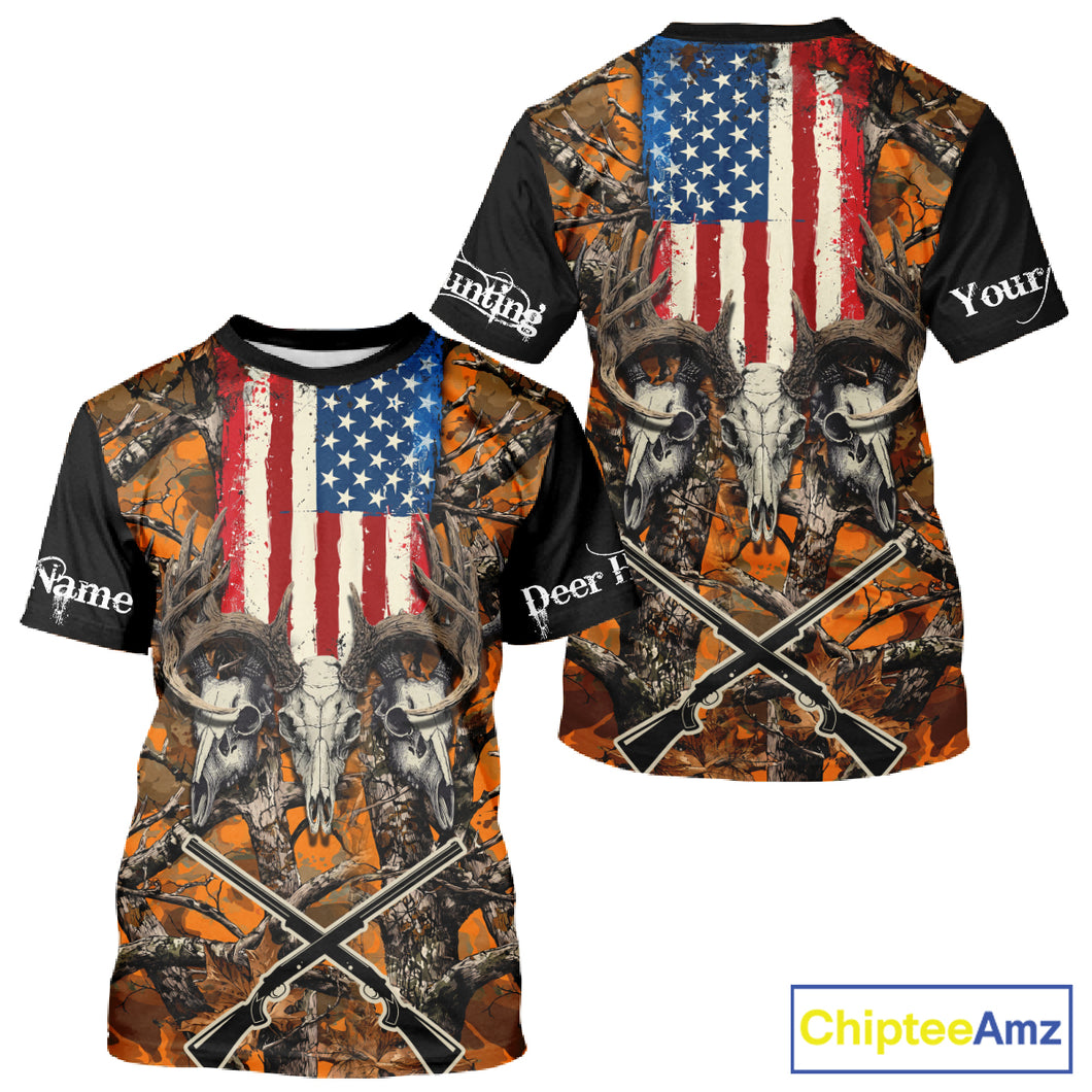 Custom Orange Camo US Flag Rifle Personalized Hunting Shirts, Deer Hunting Clothes NBT282