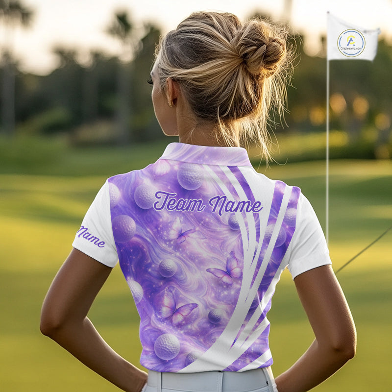 Butterfly Womens Long Sleeve Golf Polo Shirts Custom Name Floral Purple Color, Golf Gifts For Ladies NBT482