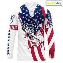 Load image into Gallery viewer, Hooded Bass Fishing American Flag Fishing Tournament Shirts, Personalized Bass Long Sleeve Fishing Jerseys NBT485