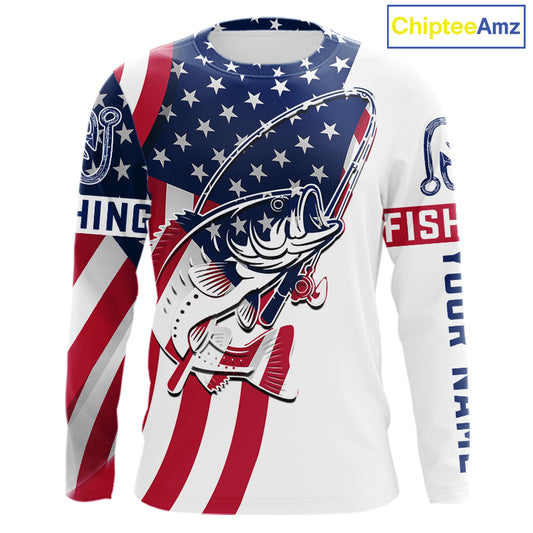 Bass Fishing American Flag Fishing Tournament Shirts, Personalized Bass Long Sleeve Fishing Jerseys NBT485