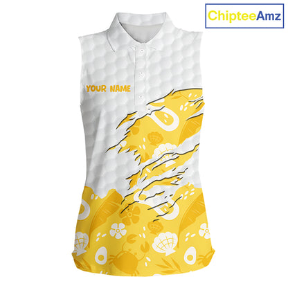 Custom Yellow Summer Pattern Womens Sleeveless Golf Polo Shirts Summer Golf Shirt For Vacation, Golf Team Shirt NBT732