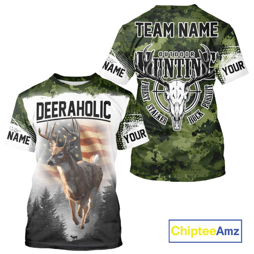 Green Camouflage Deer Hunting Shirts with American Flag – Custom Name, Gift for Hunters NBT37
