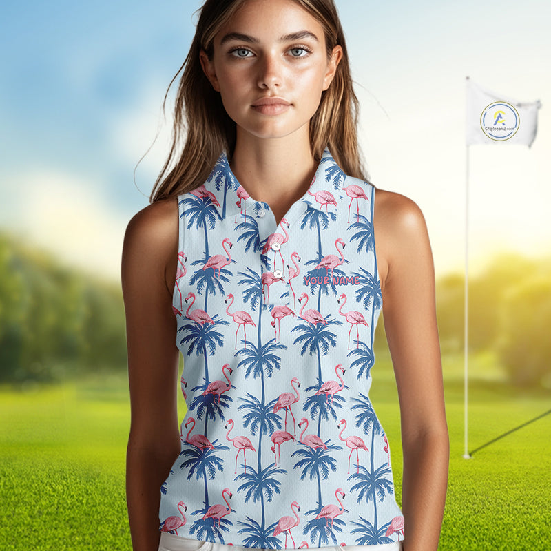 Flamingo Tropical Palm Tree Womens Sleeveless Golf Polo Shirt, Custom Matching Girl Polo Team, Golf Gifts For Ladies NBT494