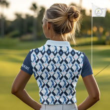 Load image into Gallery viewer, Blue Argyle Golf Polo Shirt For Women, Golf Friends Shirt, Blue Retro Golf Outfits NHT565