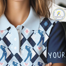 Load image into Gallery viewer, Blue Argyle Golf Polo Shirt For Women, Golf Friends Shirt, Blue Retro Golf Outfits NHT565