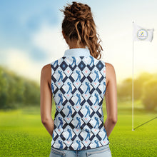 Load image into Gallery viewer, Blue Argyle Womens Sleeveless Golf Polo Shirt, Golf Friends Shirt, Blue Retro Golf Outfits NHT565