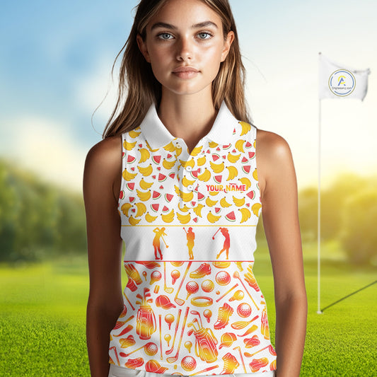 Funny Watermelon Banana Womens Sleeveless Golf Polo Shirts Custom Name Neon Print, Golf Shirt For Women NBT501