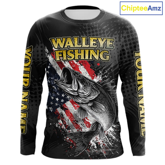 Walleye Custom Made Fishing Shirts, American Flag Walleye Fishing Shirts Long Sleeve NBT430