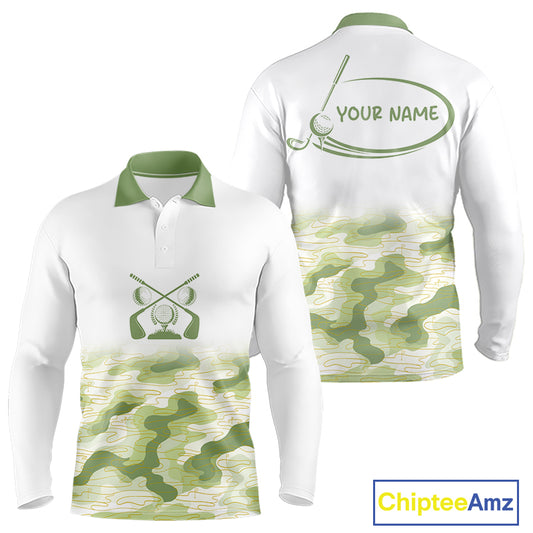 Green And White Camo Mens Golf Polo Shirts Customized Camouflage Golf Shirts For Men, Golfer Gifts NBT510