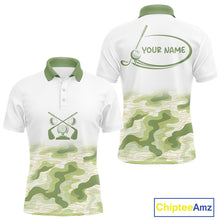 Load image into Gallery viewer, Green And White Camo Mens Golf Polo Shirts Customized Camouflage Golf Shirts For Men, Golfer Gifts NBT510