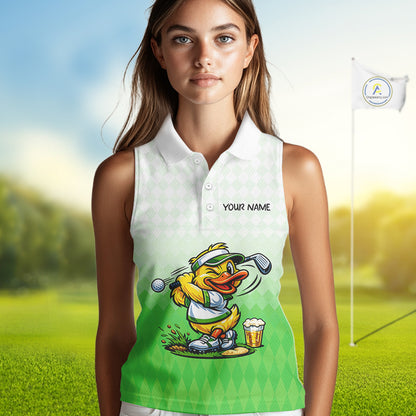 Funny Duck Sleeveless Golf Polo Shirt For Womens, Cute Duck With Beer Print Shirt, Sporty Animal Golf Gift|Green NBT623