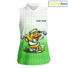 Load image into Gallery viewer, Funny Duck Sleeveless Golf Polo Shirt For Womens, Cute Duck With Beer Print Shirt, Sporty Animal Golf Gift|Green NBT623