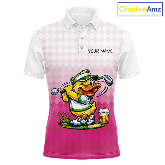 Funny Duck Golf Polo Shirt For Men, Cute Duck With Beer Print Shirt, Sporty Animal Golf Gift|Pink NBT624