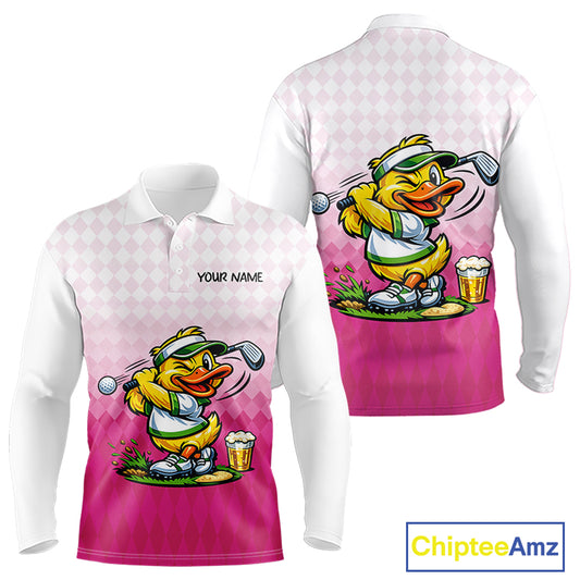 Funny Duck Golf Polo Shirt For Men, Cute Duck With Beer Print Shirt, Sporty Animal Golf Gift|Pink NBT624