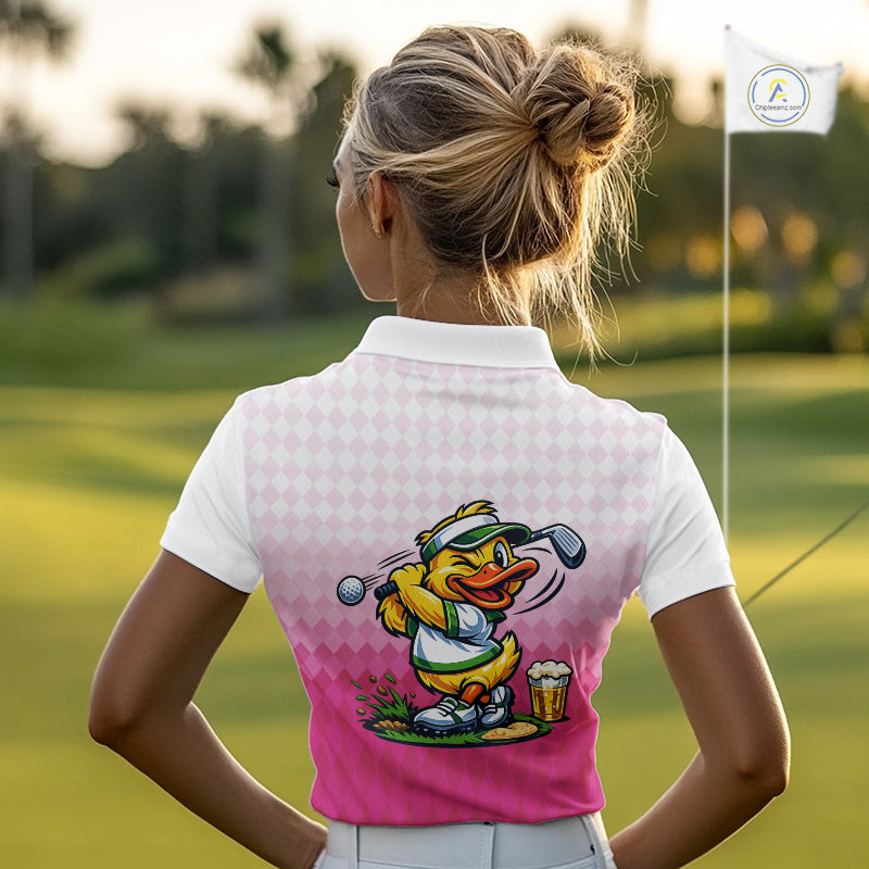 Funny Duck Golf Polo Shirt For Womens, Cute Duck With Beer Print Shirt, Sporty Animal Golf Gift|Pink NBT624