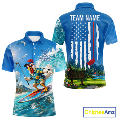 Funny rooster American flag mens golf polo shirt - back view