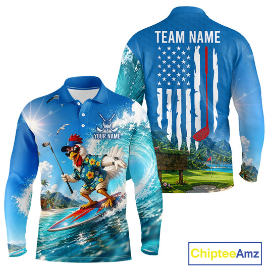 Funny Rooster American Flag Mens Golf Polo Shirts, Funny Team Golf Shirts, Golf Gifts NBT751